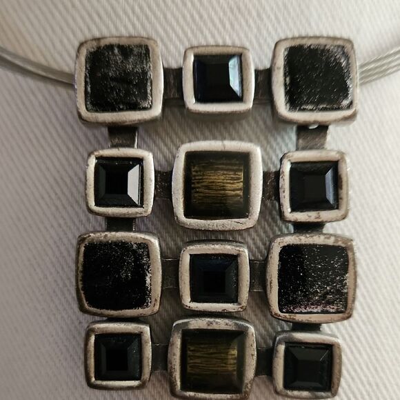 Contemporary Silvertone Abstract Grid Pattern Multicolor Stone, 18" - Picture 5 of 5